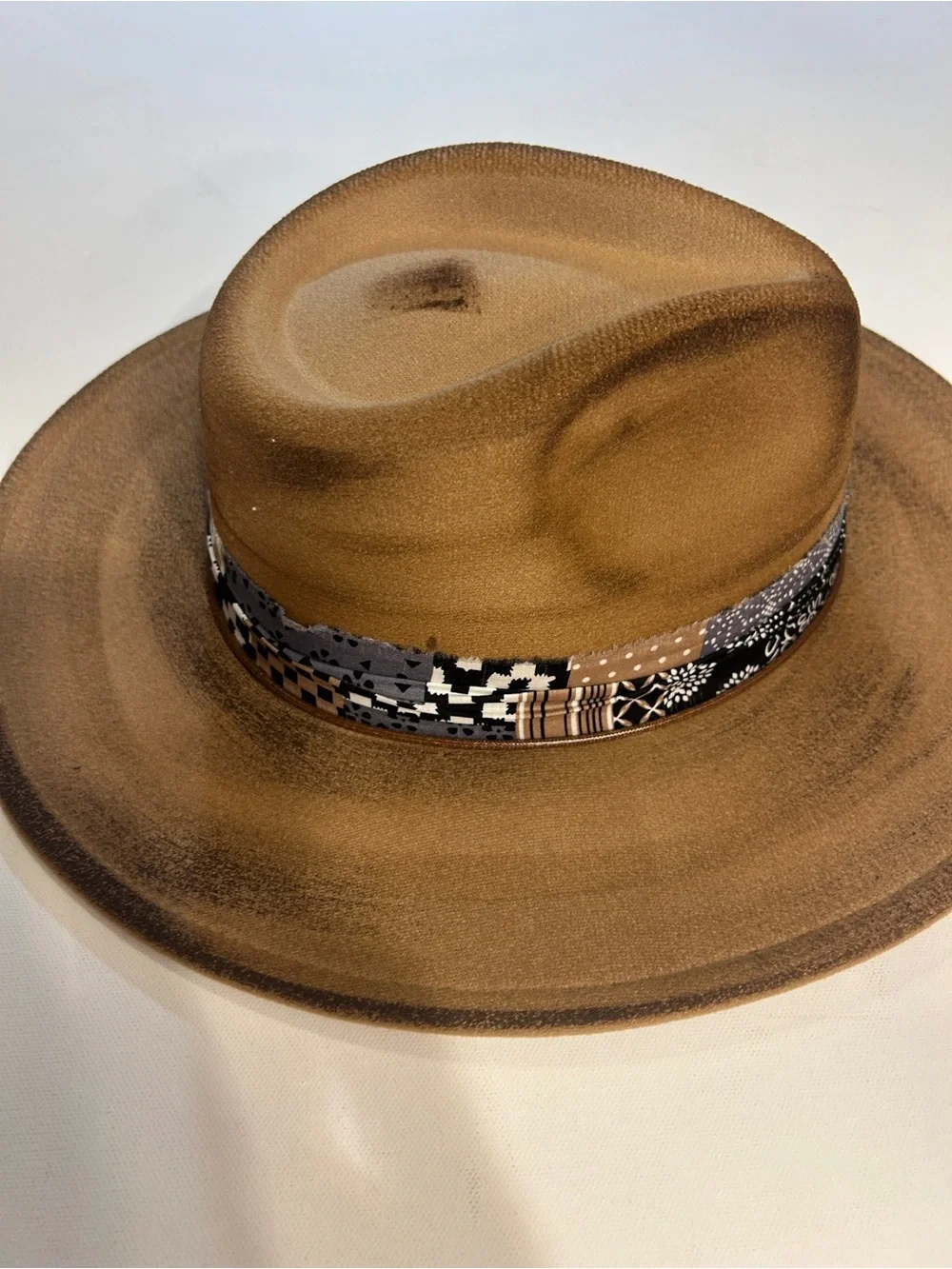 Western Distressed Felt Rancher Hat Brown Wide Brim Fedora Cowgirl Boho NWOT